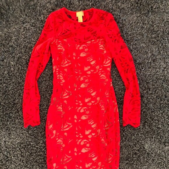 (size 2) H&M Bright Red Lace Bodycon Dress with Long Sleeves and Lining - Picture 1 of 9